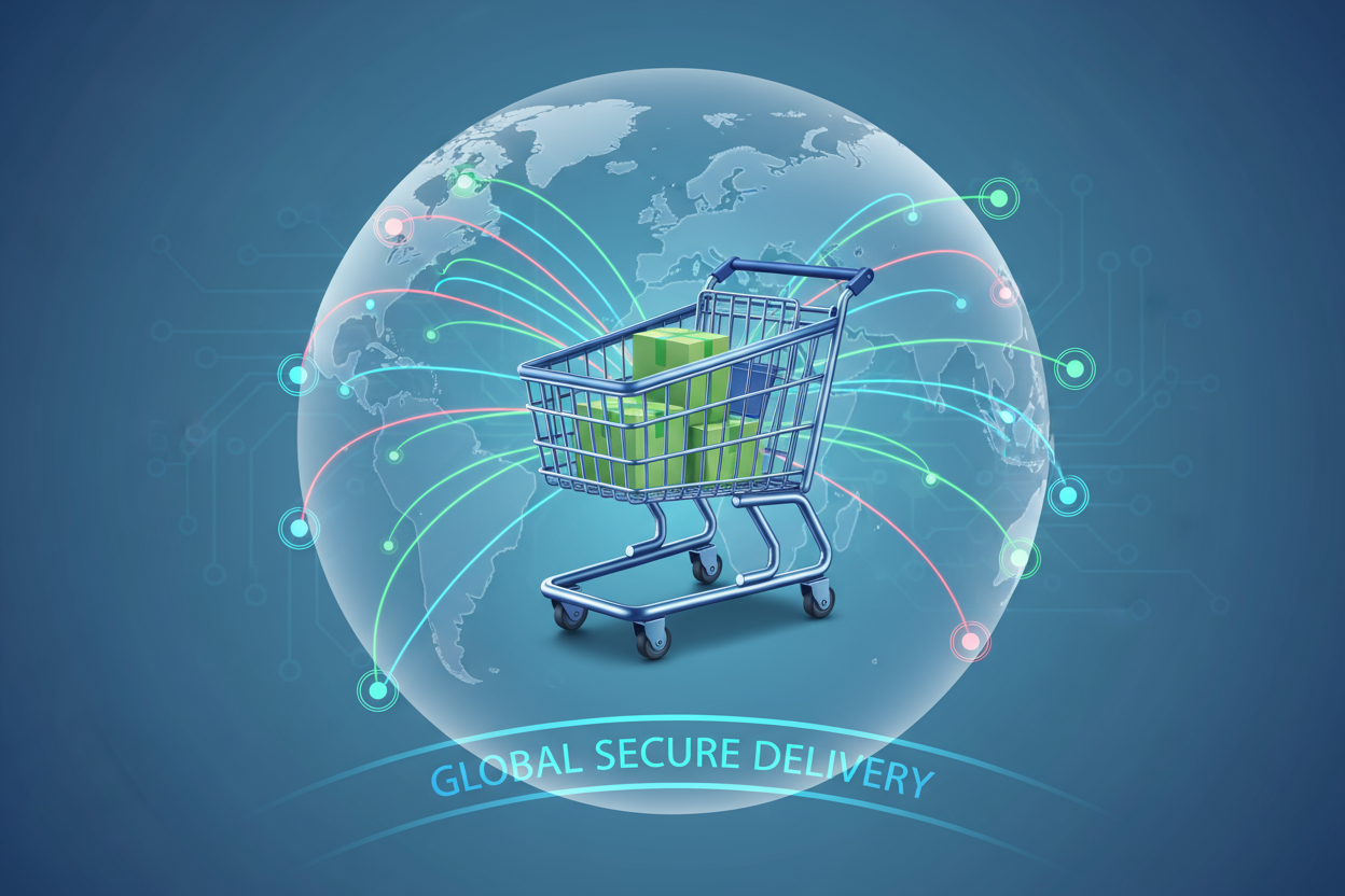 All the world and there's a lines from countries all connected in the cart shape to indicates that we are delivering all the world and safety.please use the red,green and blue colour 